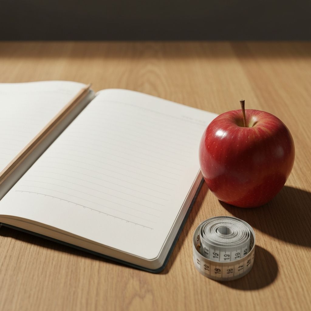 Minimalist still-life composition of open blank notebook and apple