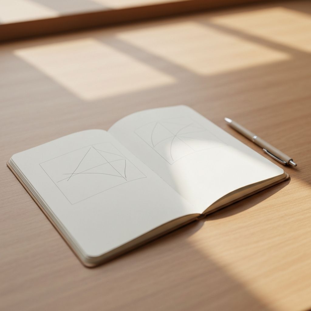 Minimalist still-life of open blank notebook with abstract markings